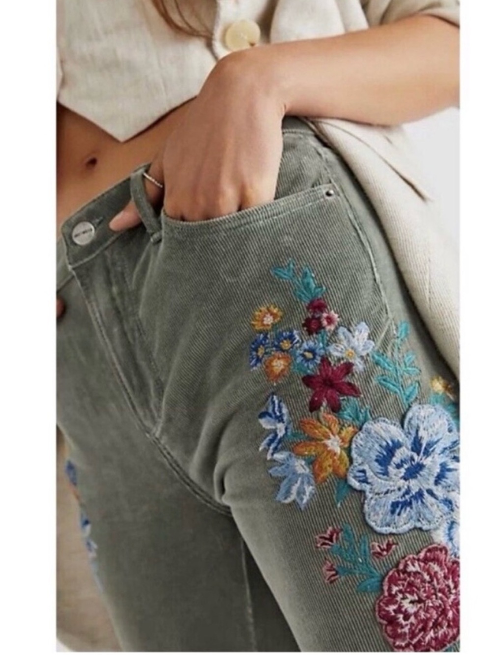 DRIFTWOOD x Free People Farrah Embroidered Corduroy Flare Pants Green Wide Leg - Picture 3 of 16